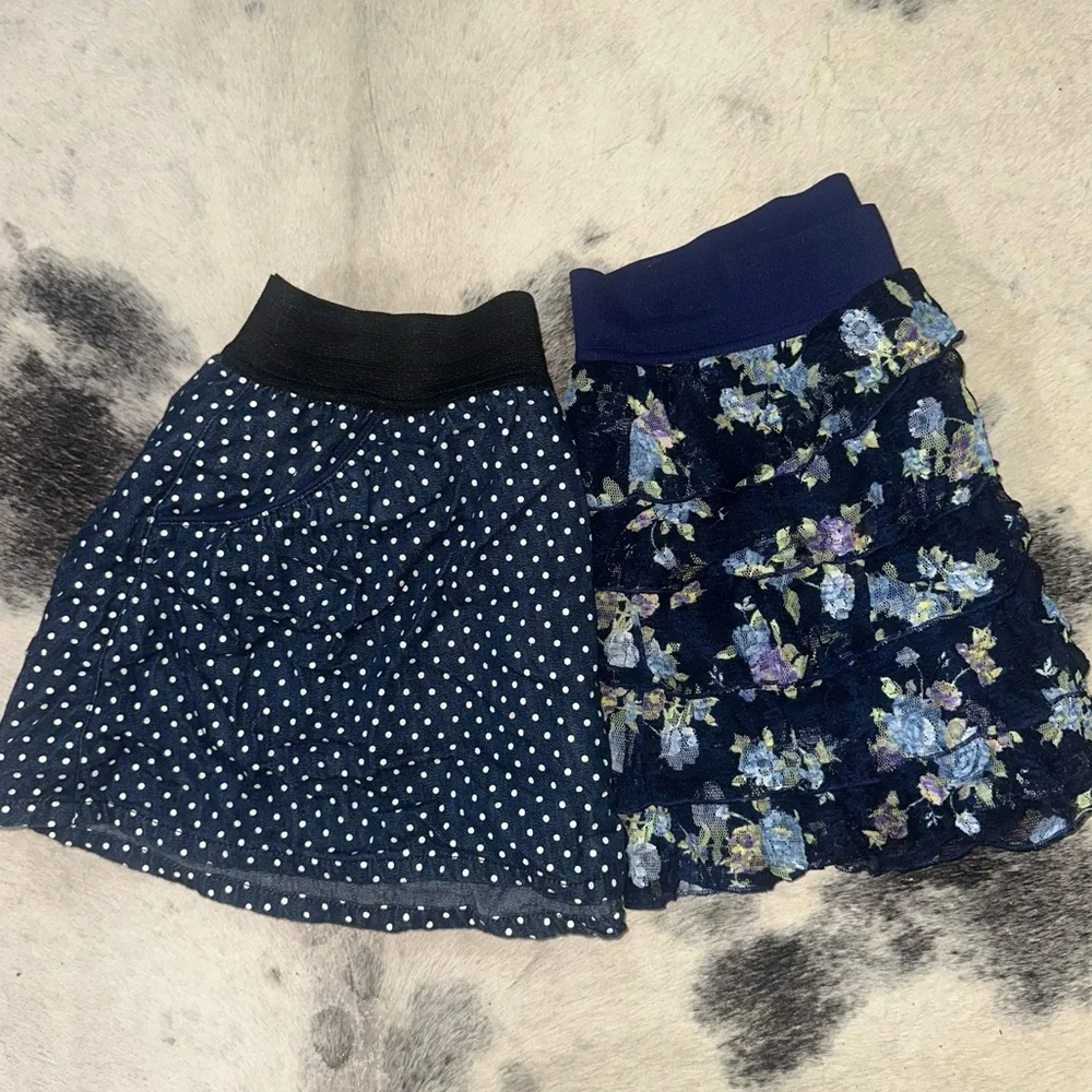Justice Girls Size 12 Skirts – Navy Polka Dot & Floral Tiered Lot of 2